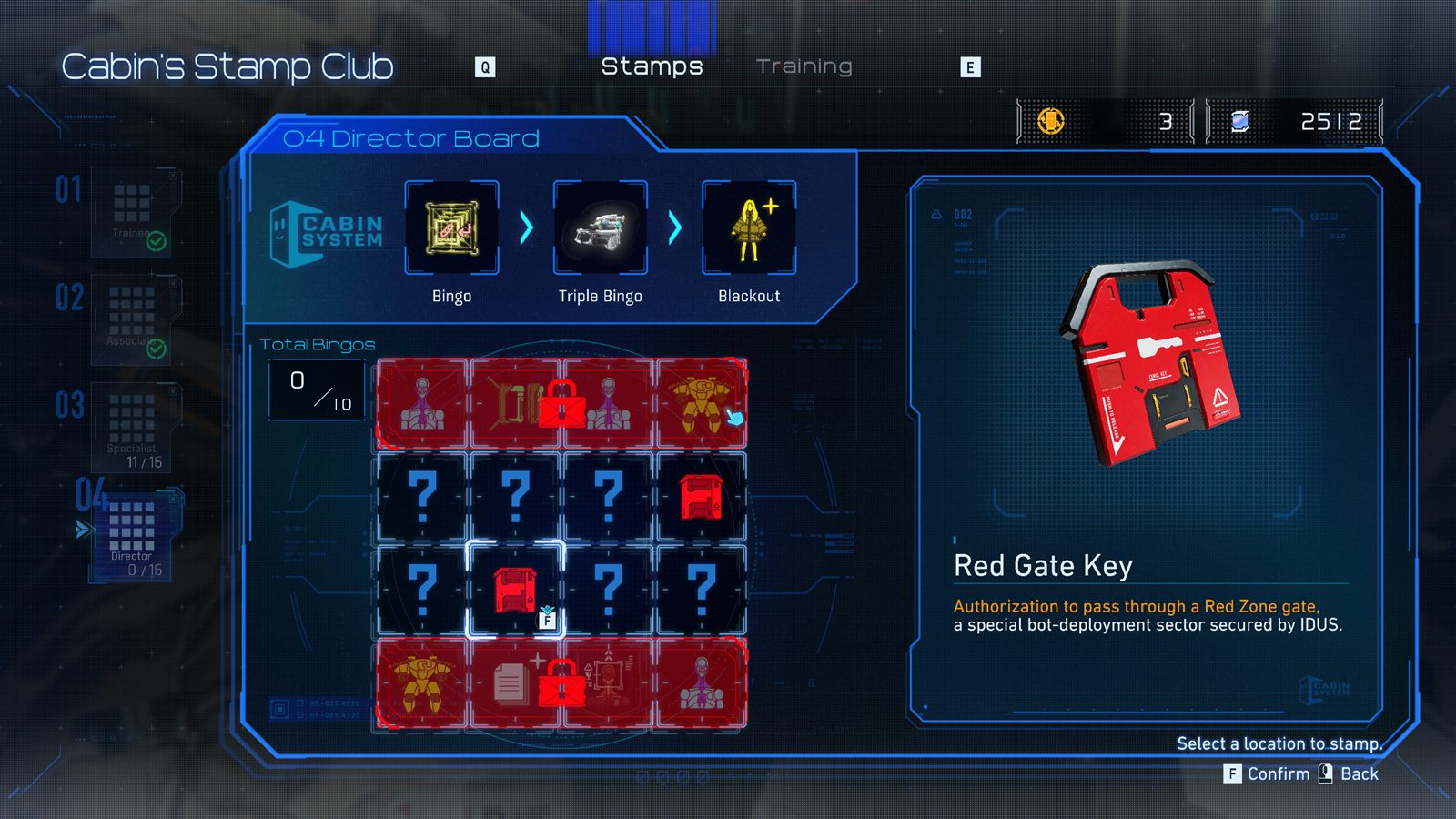 Stamp Club board screenshot used locally to illustrate Cabin Coin spending and line rewards in Pragmata