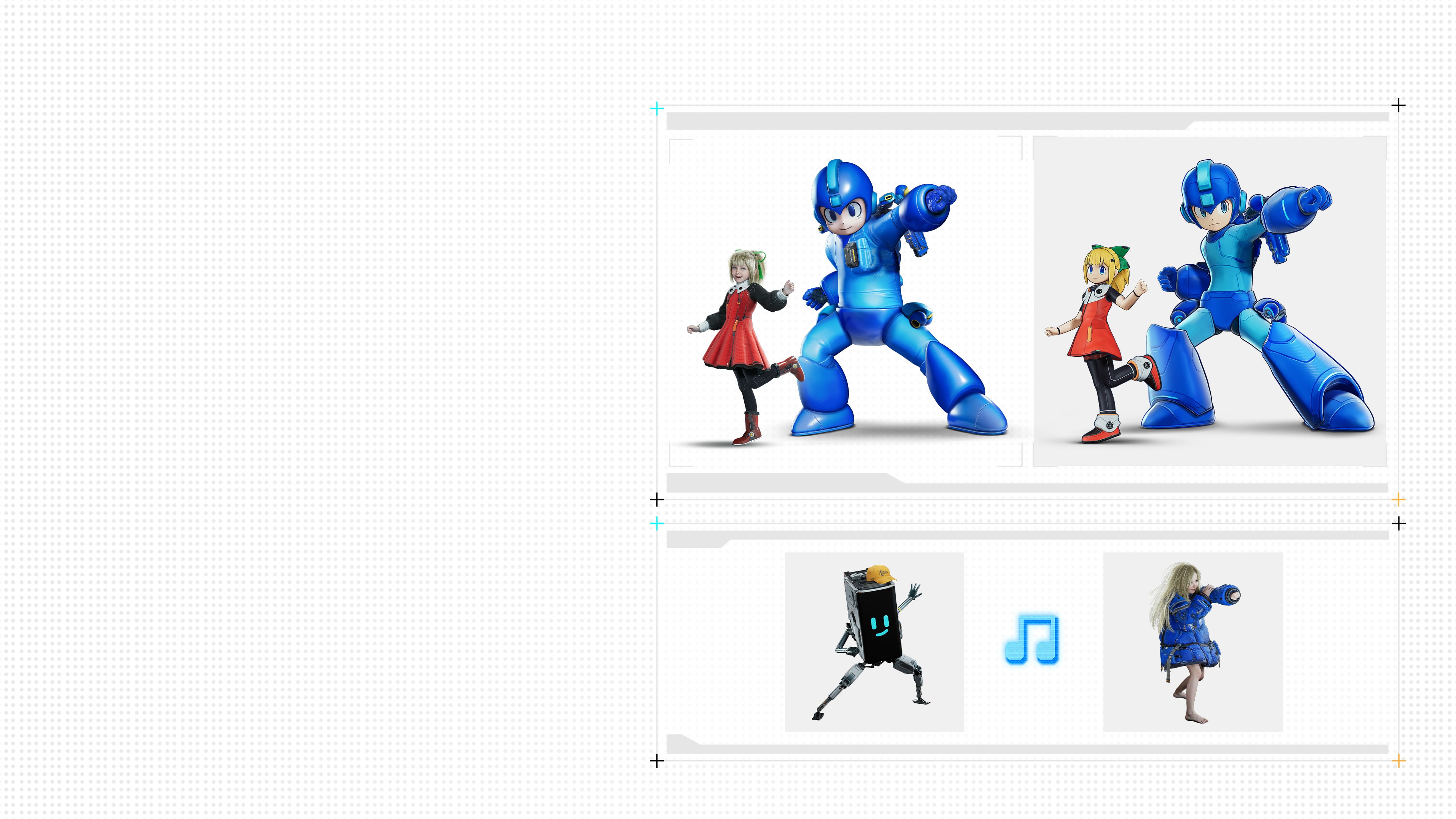 Hugh and Diana wearing Mega Man-inspired outfits, with gesture and music artwork